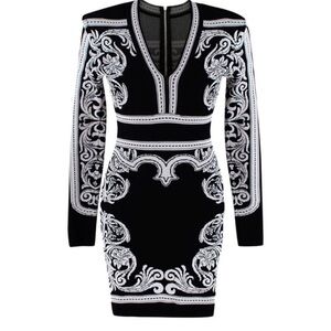Balmain Black & White Knit Long Sleeve Baroque Print Dress